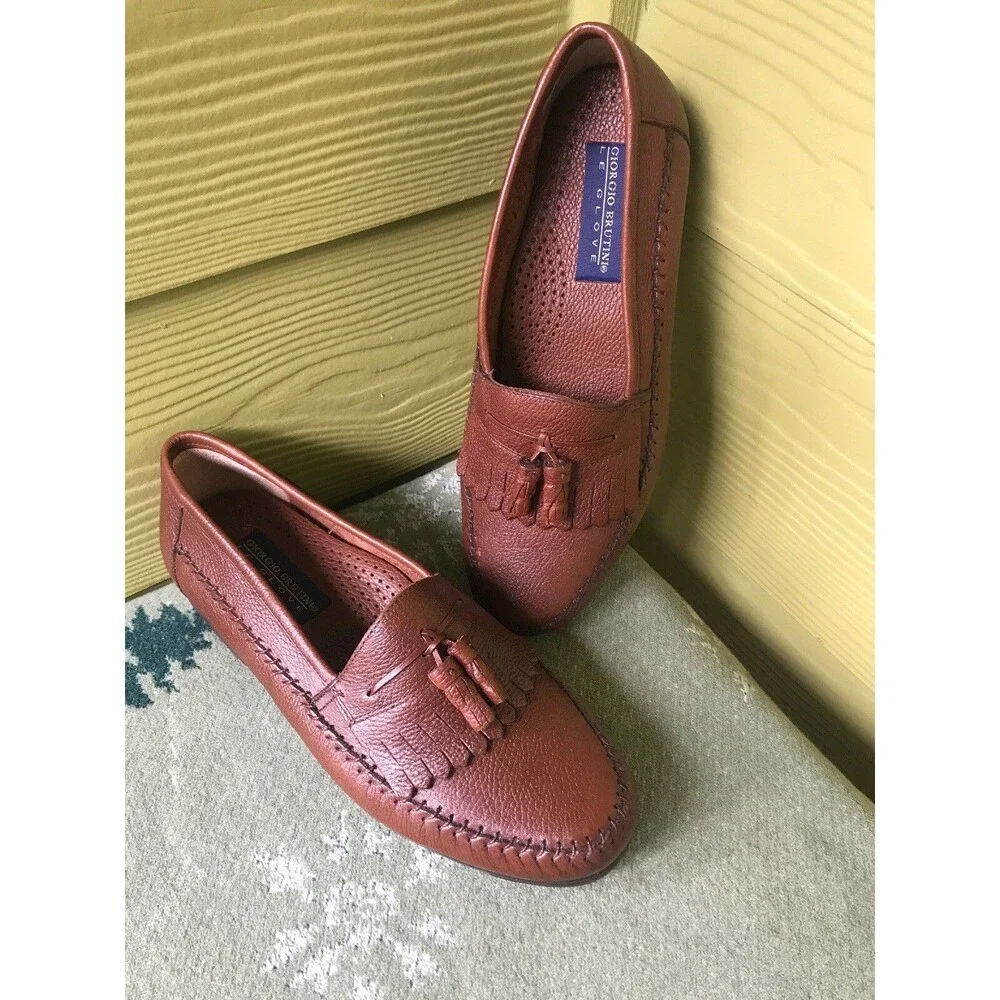 New 9 D Giorgio Brutini Duke Tassel Moccasin Loafers Brown Leather Le Glove